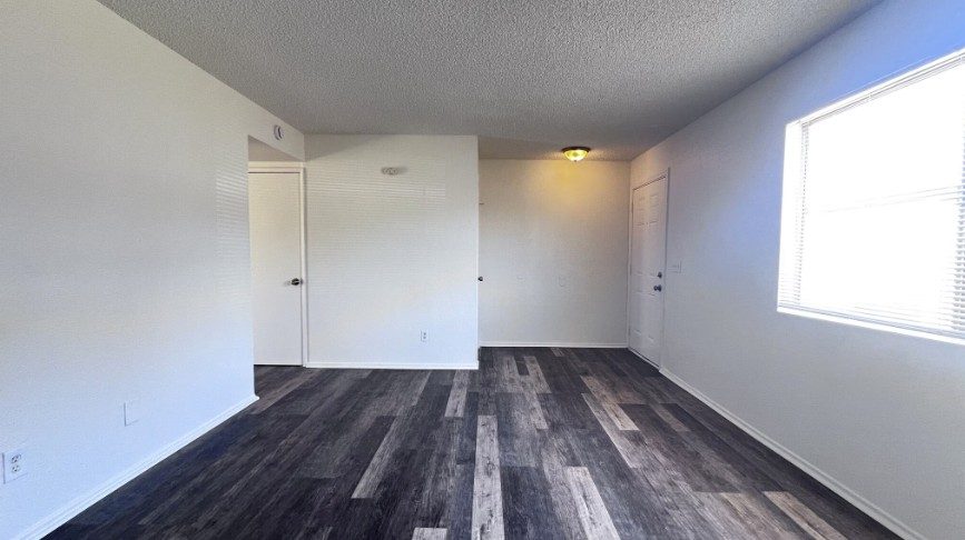 An empty room in a renovated townhome with grey plank flooring, white walls, a window at the far end and a closet door.